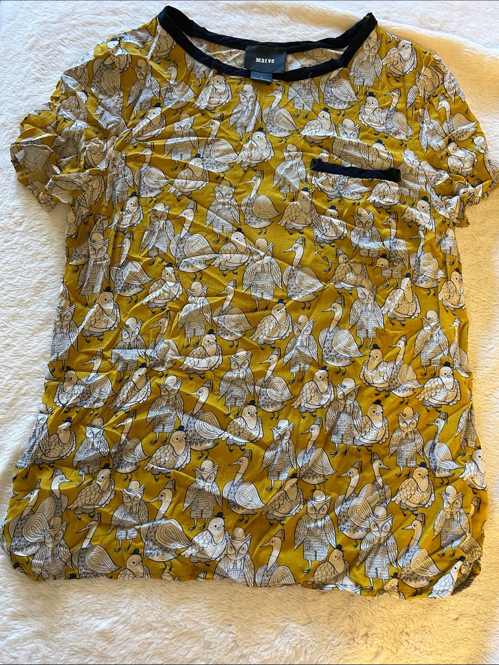 Maeve Mustard Yellow Short Sleeve Bird-Print Blouse with Black Trim